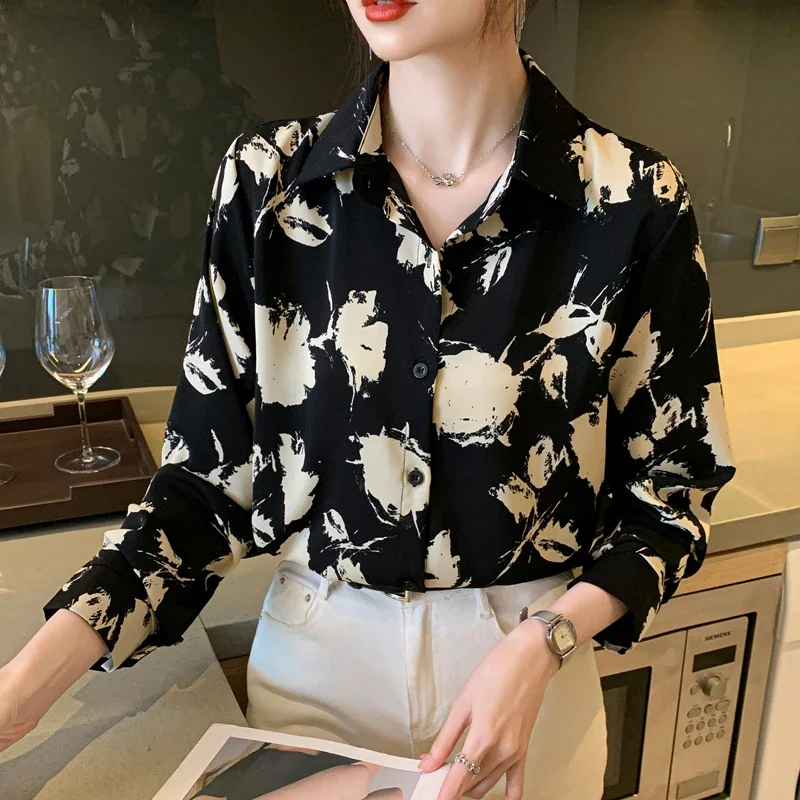 

Chiffon Women's Shirts Loose Printed Silk Vintage Blouses Elegant Clothing Fashion Long Sleeves Polo-neck Women Tops YCMYUNYAN