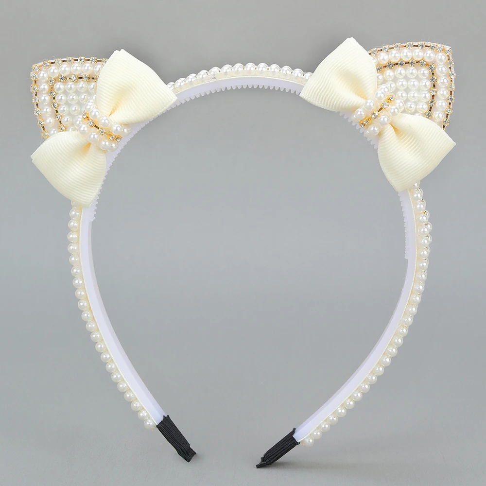 Cat Ear Headband - Cute Pearl Bow Hair Hoop for Girls