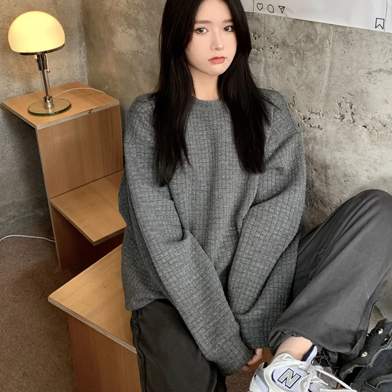 

Lazy Style Sweater Women's Spring And Autumn Long-Sleeved Round Neck Solid Color Top Korean Loose Sweater