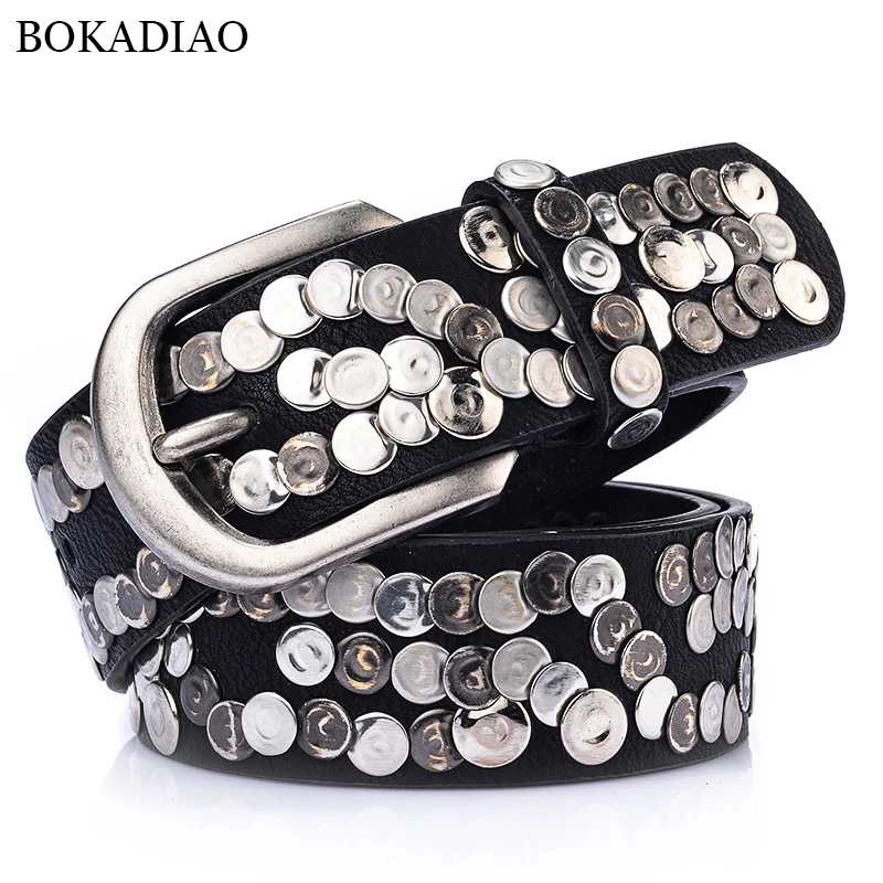 

BOKADIAO Women Belt Fashion Punk Pin Buckle Vintage Rivets Luxury Lady's Original Leather Belts For Women Jeans Waistband Female