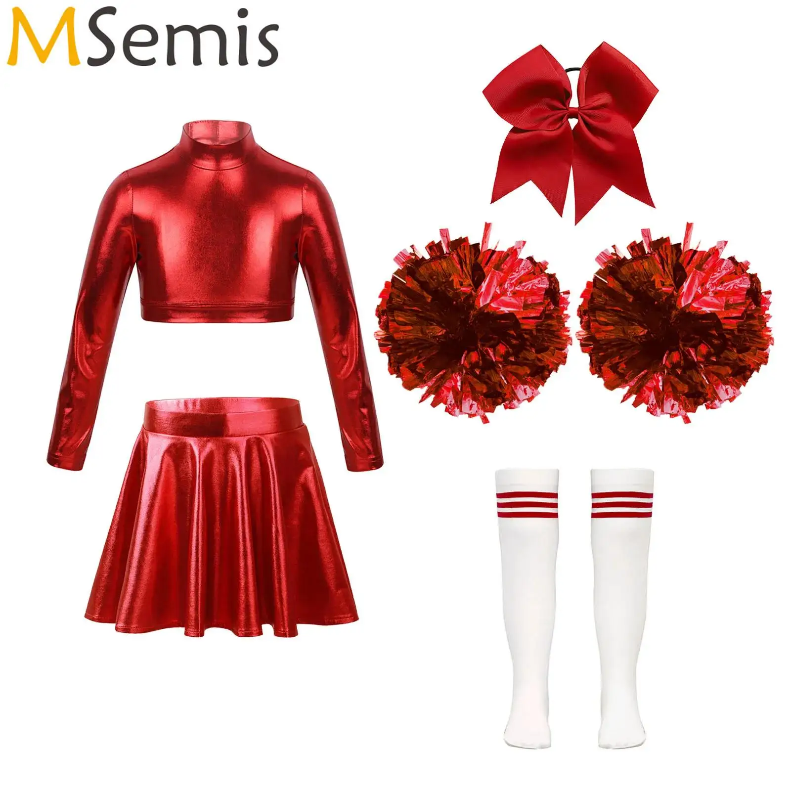 

Kids Girls Cheerleading Dance Outfit Metallic Crop Top A-Line Ruffled Skirt 1Pc Bowknot Headwear 2Pcs Hand Flowers Striped Socks