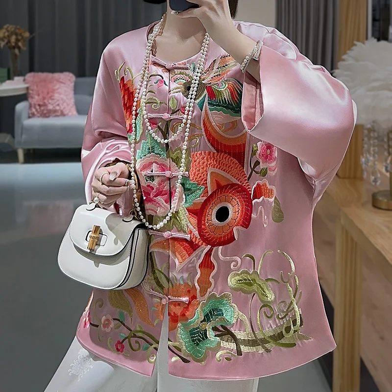 

High-end Satin Acetate Women Jacket Top Embroidery Tang Suit Elegant Lady Loose Coat Female S-XXL