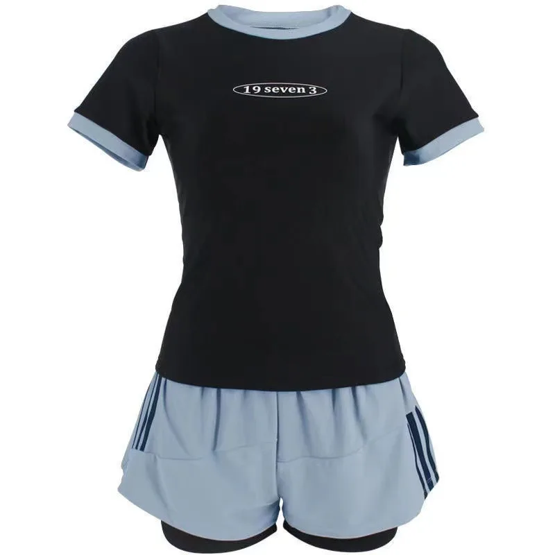 Women's Sports Two-piece Swimsuit Set with Short Sleeves and Drawstring Shorts Suitable for Beach Swimming Pool Training - 6