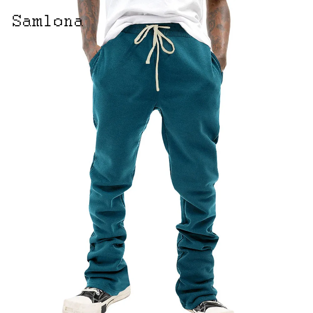 

2024 Men Fashion Leisure Elastic Waist Flare Pants Solid Pocket Comfy Full-Length Trouser Plus Size Mens Casual Beach Sweatpants