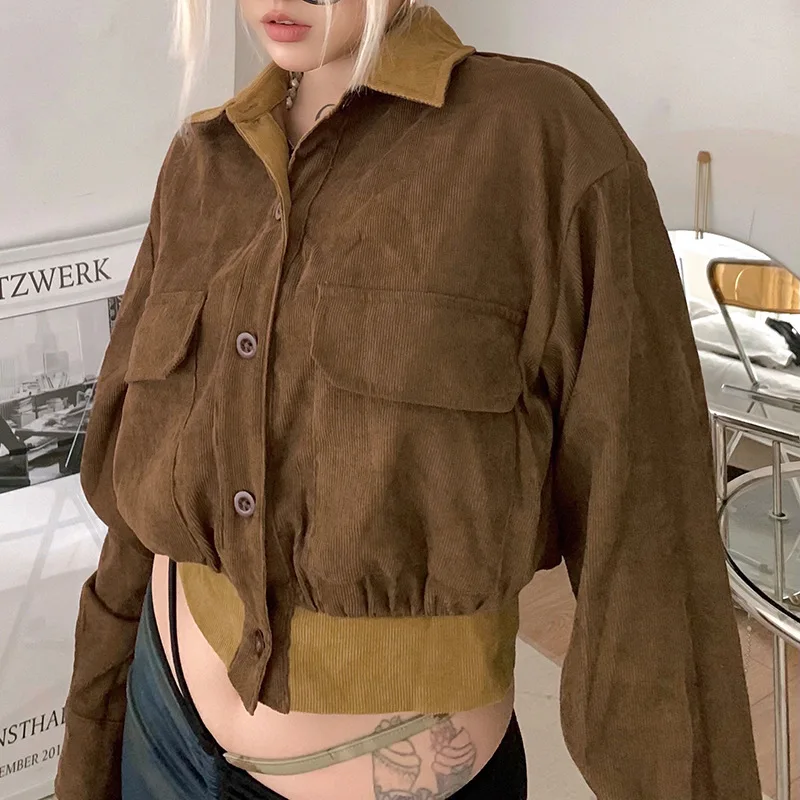 Fashion Retro Corduroy Women's Short Jacket Casual Lapel Brown Jacket Autumn Elegant Solid Color Button Street Style Jacket 2021 vintage green frayed burrs short denim jacket autumn 2021 harajuku lapel long sleeve female jeans jacket casual jaqueta feminina