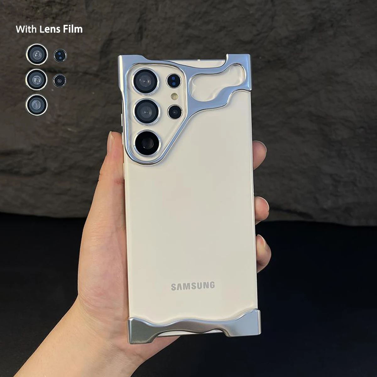 

Luxury Irregular Aluminum Alloy Bumper Phone Case For Samsung S23 S24 Ultra S24Plus With Lens Film Alien Metal Shockproof Cover