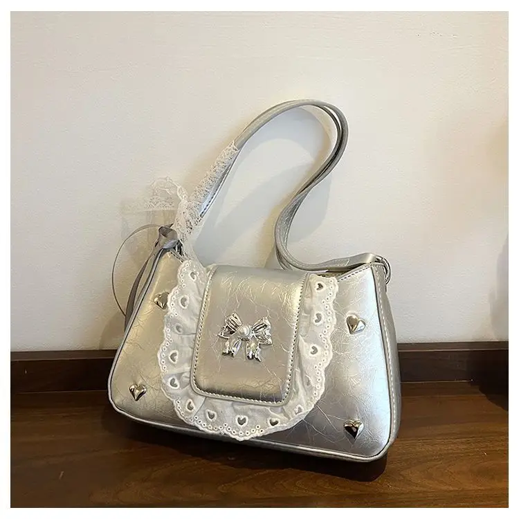 JIAERDI Hot Girls Lace Bow Black Shoulder Bags Women Harajuku Sweet Cute Leather Crossbody Bags Ladies Ballet Style Y2k Handbag