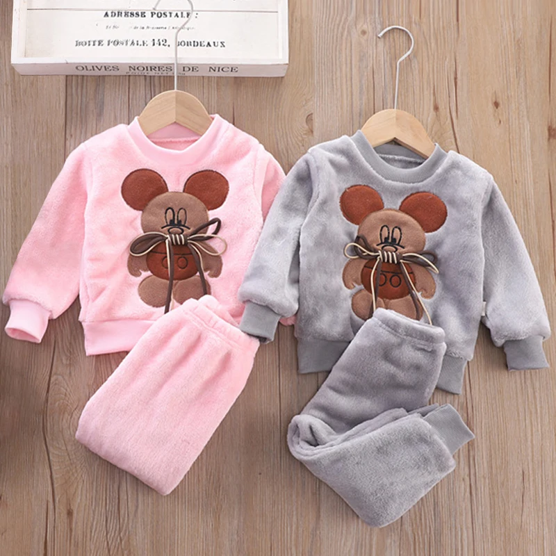 

New Cartoon Mouse Pajama Sets For Baby Boys Girls Winter Plus Velvet Thick Flannel Homewear Children Warm Sleepwear Suit 2Pcs