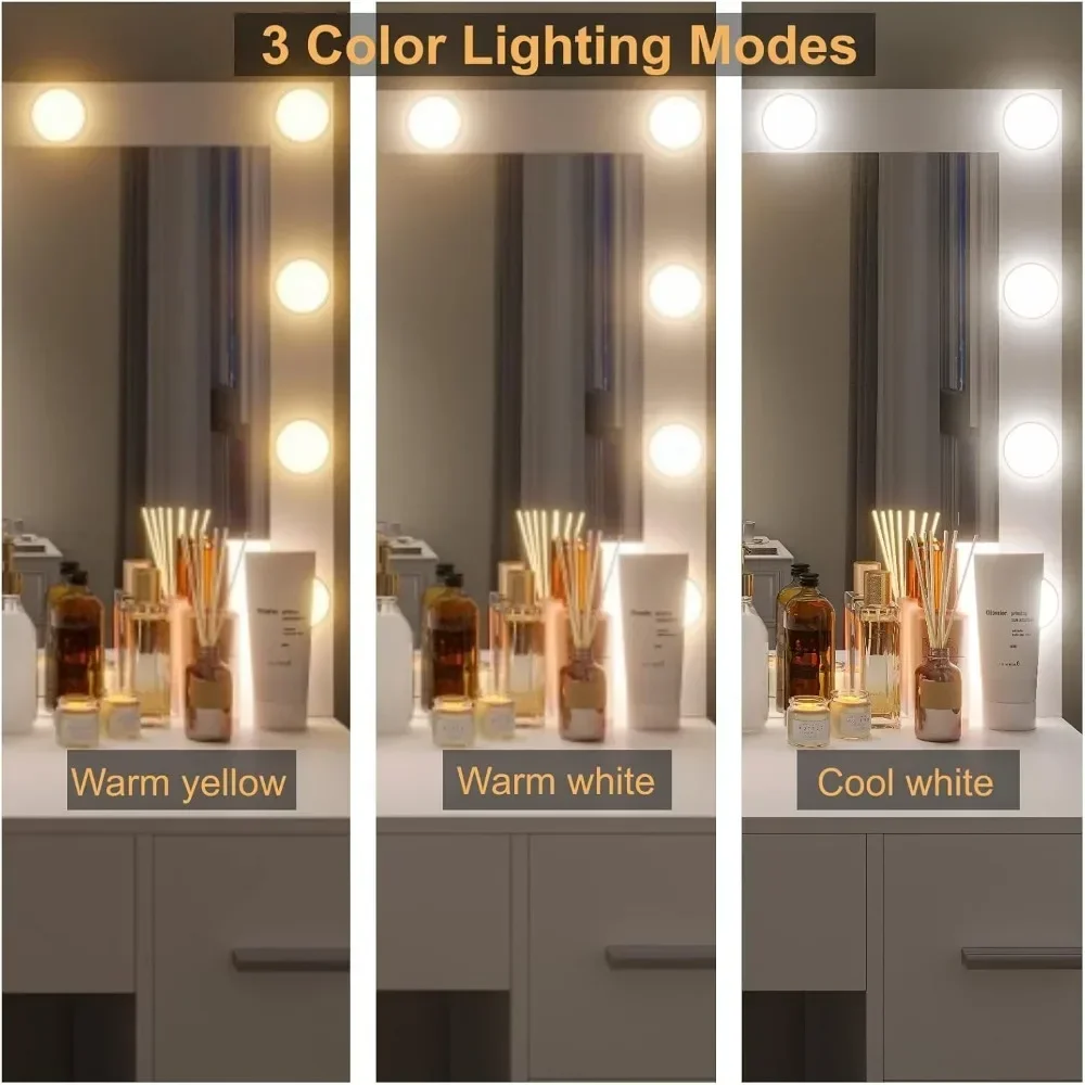 Makeup table with illuminated mirror, 3 color lighting modes, adjustable brightness, drawers, white, free shipping 4