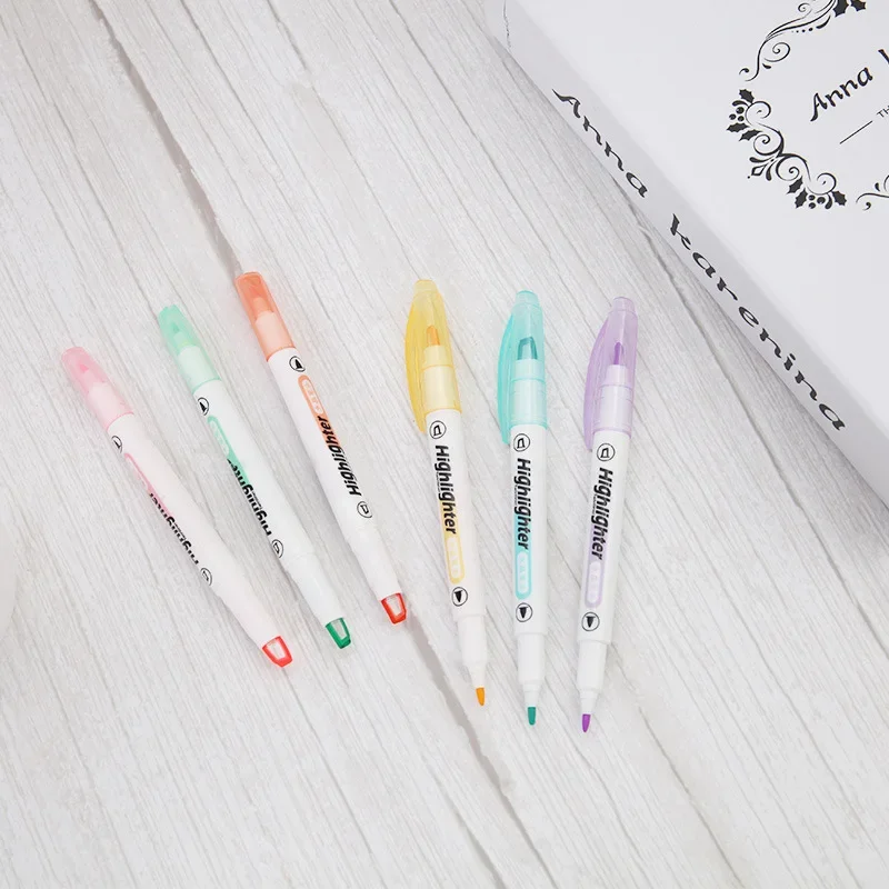6 Colors/Set Unique Window Tip Highlighter Pen Double Head Pastel Color Midline highlighters Marker School Stationery Supplies - 5