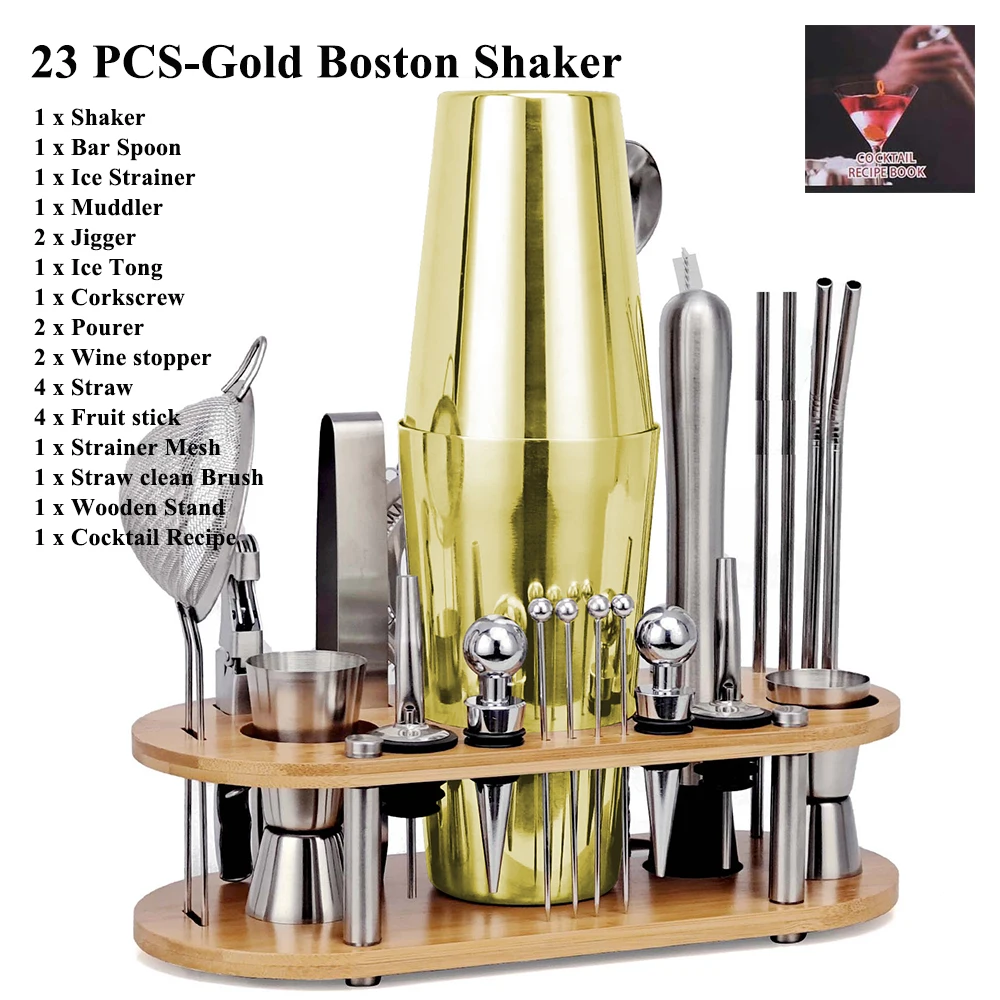 23Piece Complete Bartender Kit Stainless Steel Bar Cocktail Shaker Kit With Wooden Stand Cocktail Set for Home Bar Party