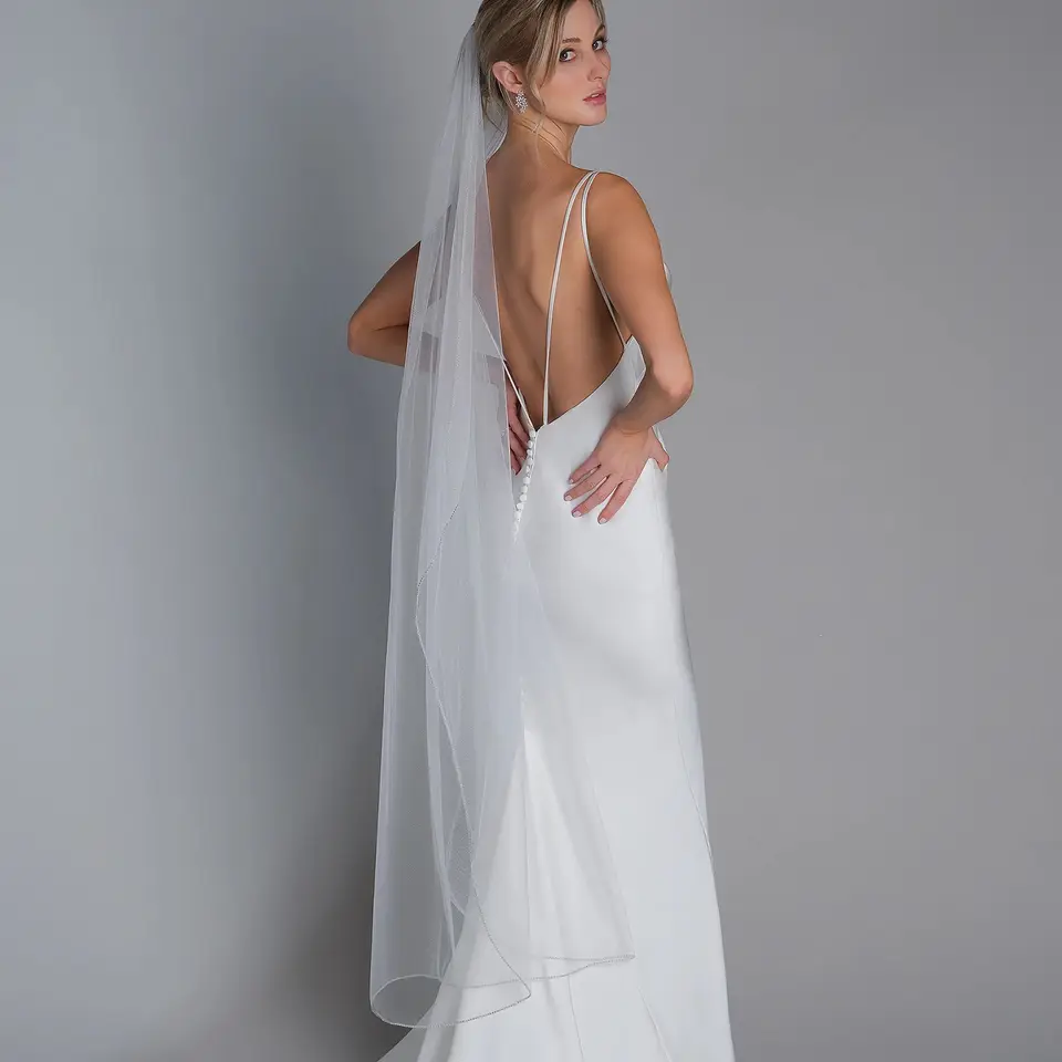 Velo Da Sposa Con Bordo Ondulato E Perline, Velo Da Sposa Con - Foto 7