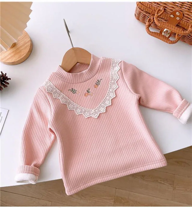 Girls Fleece Padded Shirts Cute Embroidery Flower Tops