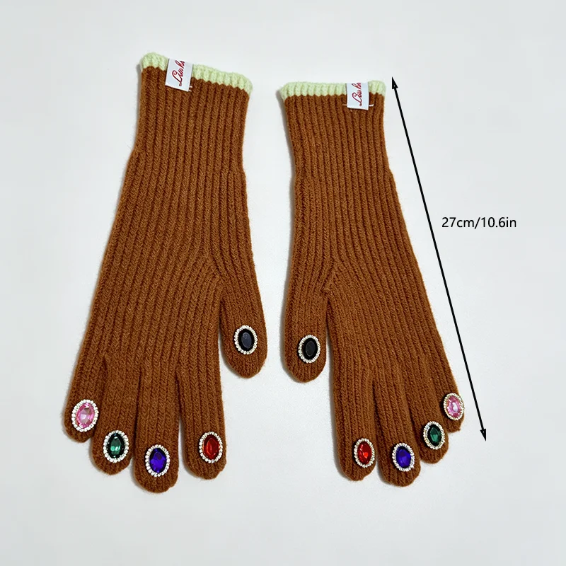 Luxury High Quality Rhinestone Solid Soft Extended Knitted Gloves Winter Warm Touch Screen Fashion Full Finger Women Mittens