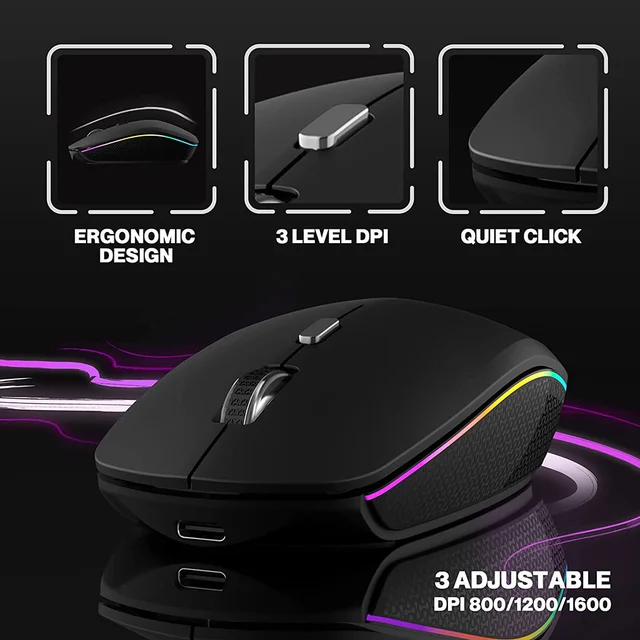 7 Colors Backlit +2.4G Bluetooth Keyboard and Mouse Comb USB Rechargeable Wireless Keyboard Mouse Set for Mac Windows Andriods 4