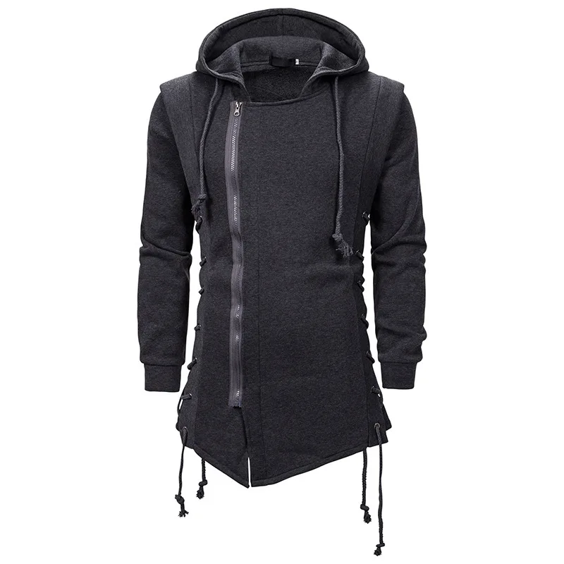 Men's Dark Black Hooded Loose Jacket Medium Length Gothic Slim Fitting Sweater Side Lace Up Gothic Sweater 2023 New Harajuku
