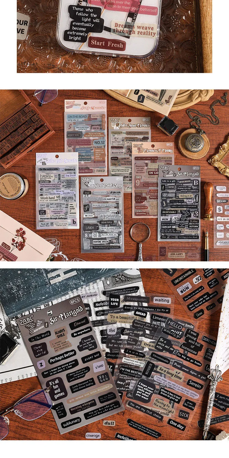 Journamm 6 Stück/Packung Vintage Buchstaben PET Aufkleber DIY Scrapbooking Zubehör Collage Fotoalbum Dekor Junk Journal Label Aufkleber – Detail 5