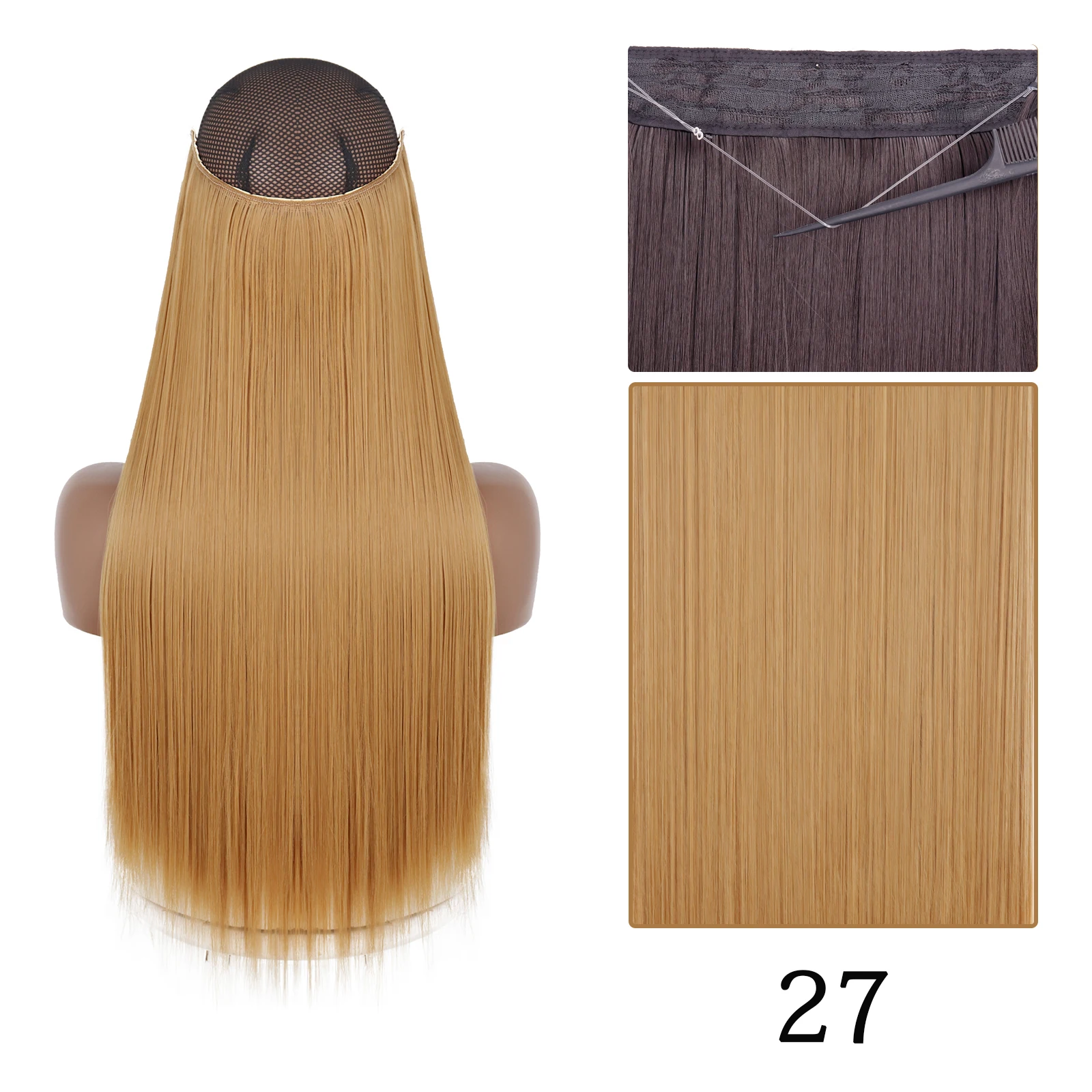 thumbnail image 1 of Extensiones de cabello sintético sin clip AZQUEEN, negro, rubio, largo, liso, con alambre de pescado secreto, postizo resistente al calor para mujer, 1 of 5