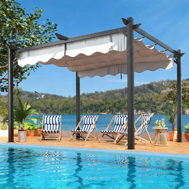 10'x12' Outdoor Pergola with Retractable Canopy, Patio Metal Heavy-Duty Gazebo Shelter for Backyard, Deck, Garden, Customized