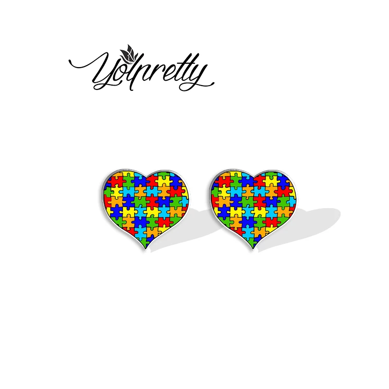 2023 New Arrival Fashion Autism Puzzle Love Autism Awareness Graffiti Epoxy Stud Earrings Handcraft Acrylic Resin Earrings
