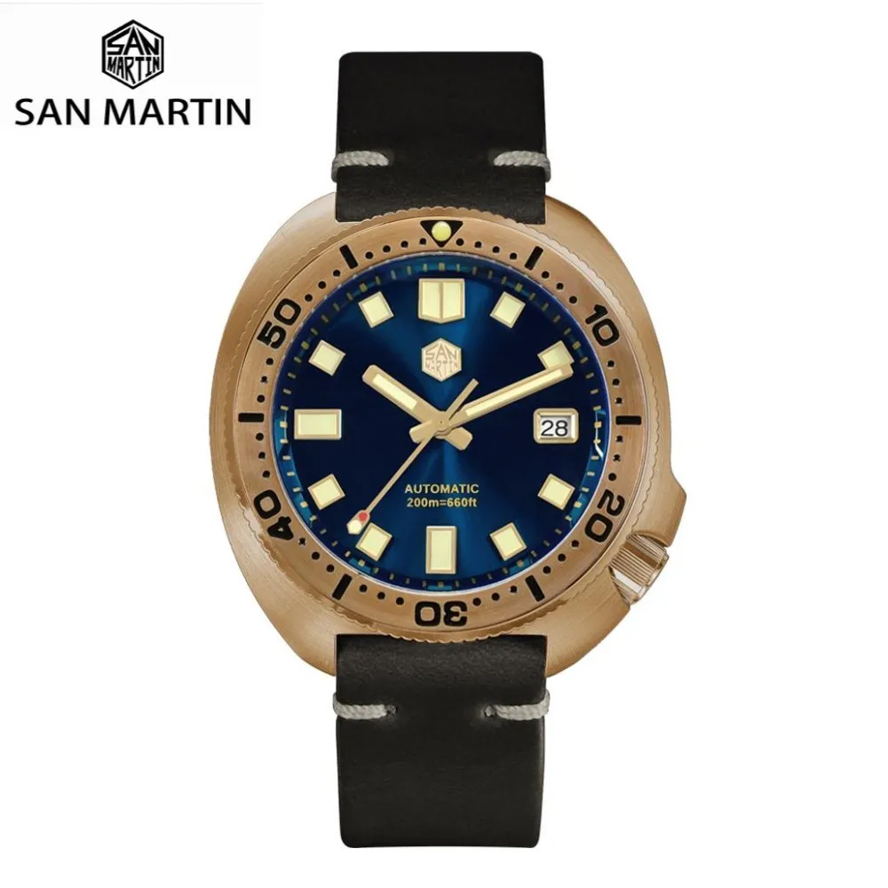 San Martin Abalone Bronze Diver Men Mechanical Watch Luminous Water Resistant 200M Leather Strap Sapphire Relojes часы SN0047Q