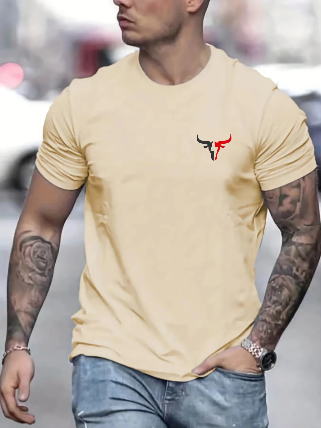 Summer Men's T-shirt Cotton Casual Loose Size Bull Print Round Neck Short Sleeve Top Men Street Clothing Button Up Pullov