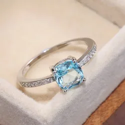 Elegant S925 Silver Ring with High Carbon Zircon and Sapphire Square Design - 9 (Sea Blue)