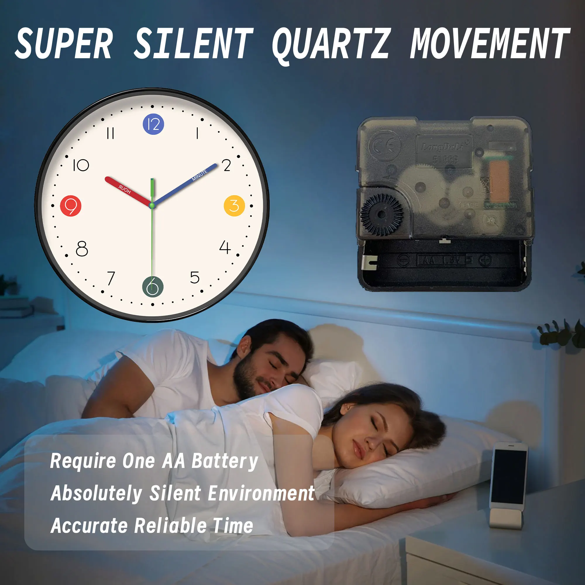 A simple beige and white instructional wall clock with colorful hands and cute digital design wall clock, 10-16 inch round silen