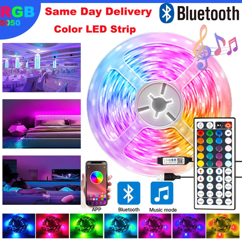 RGB APP Control LED Strip Lights Color Changing Lights with 44 Keys Remote 5050 Mode for Room Decoration Bluetooth TV Background