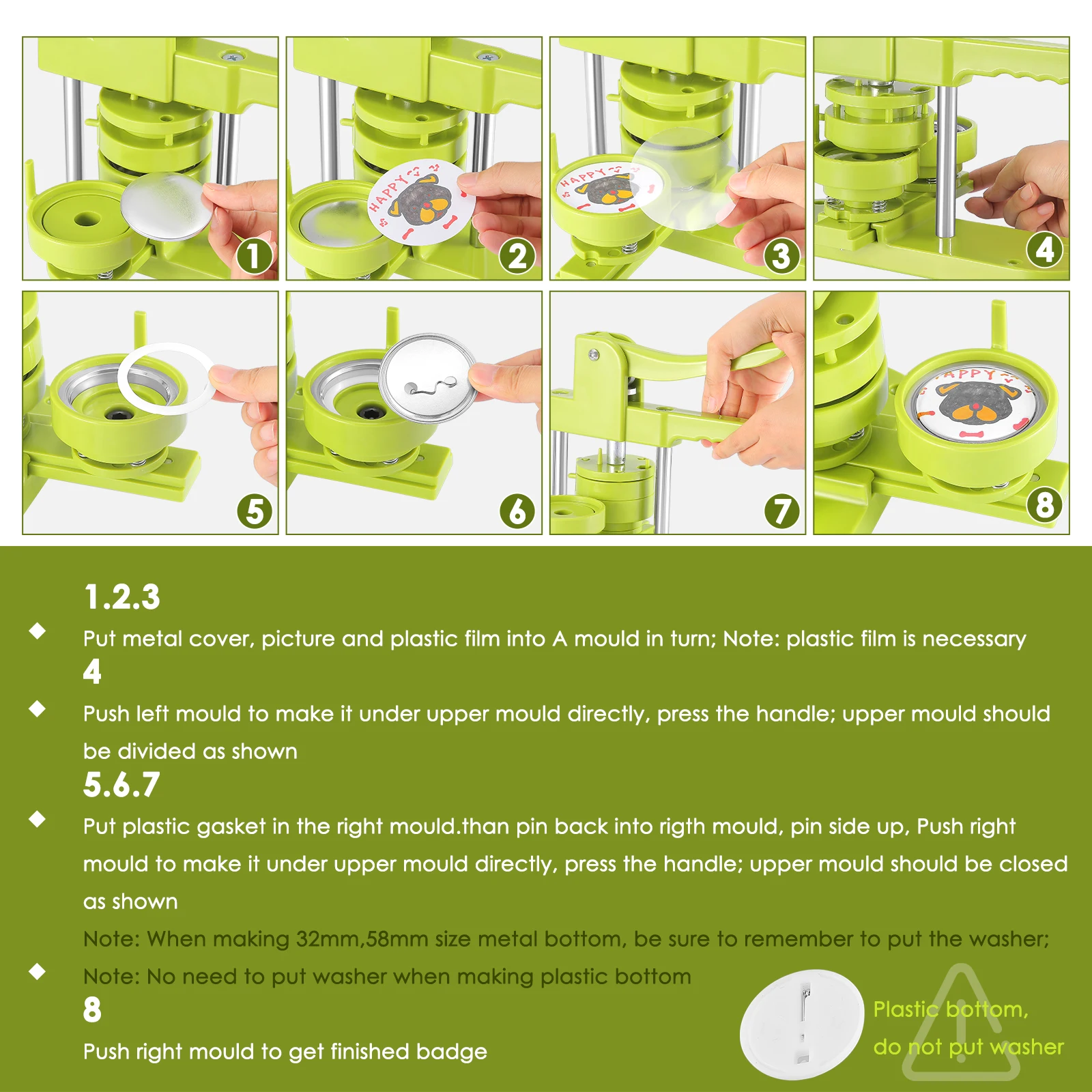 Button Badge Maker Machine Kit, Pic Circle Cutter, Mold DIY Badge Pin Maker, 400PCs, 25mm, 32mm, 58mm