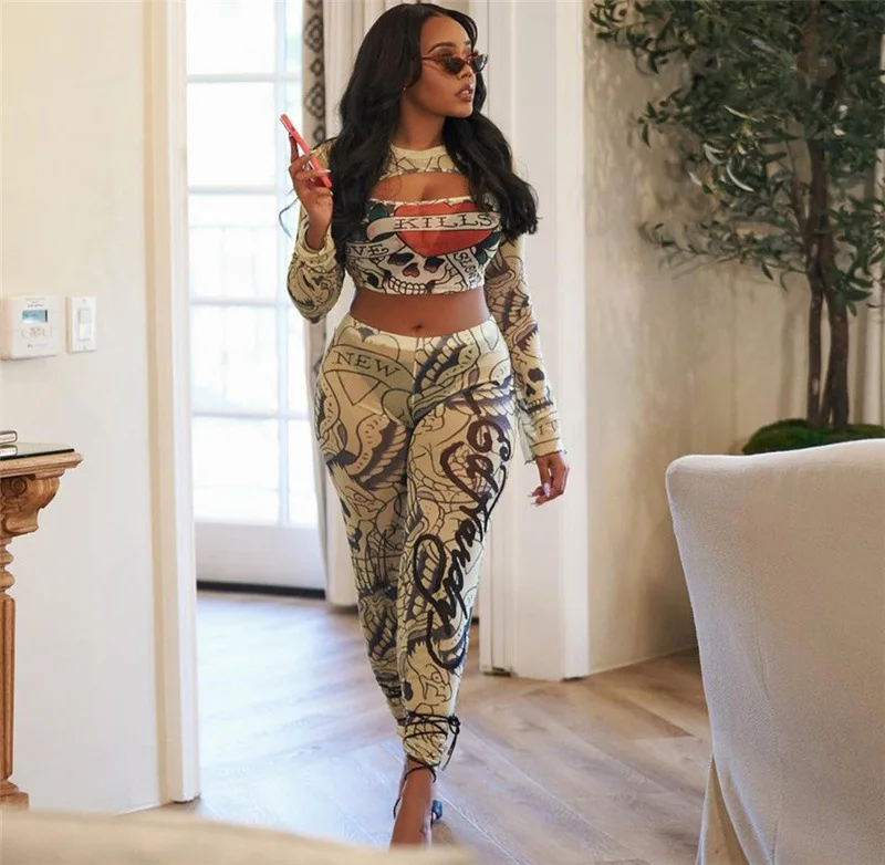 

Sexy Y2K Streetwear Print 2 Piece Set Women Hipster Mesh See Through Long Sleeve Crop Tops+Matching Slim Pants Attractive Suit