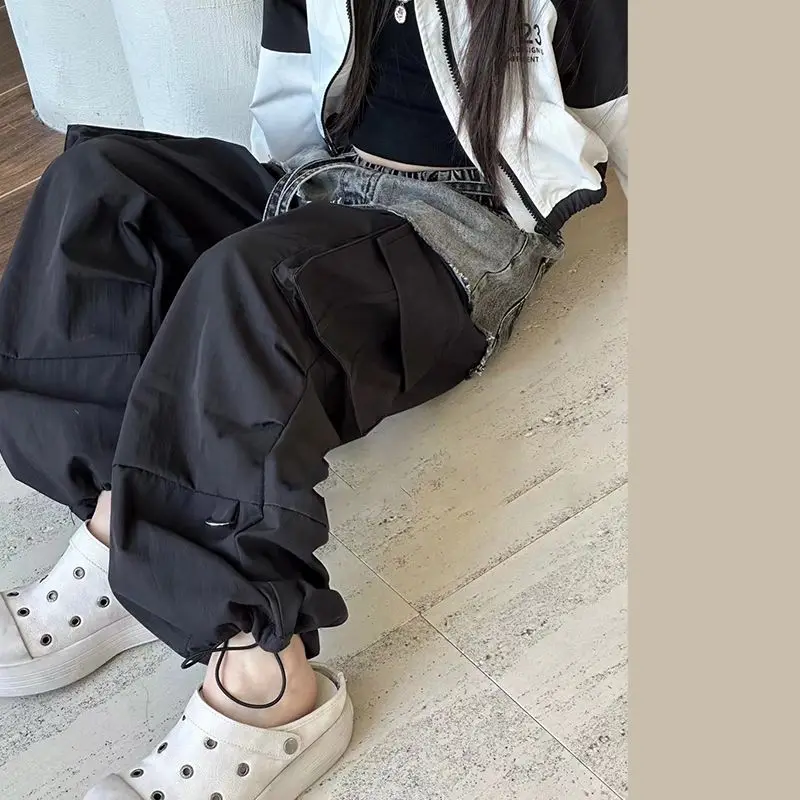 여아용 캐주얼 카고 바지, 10 대 소녀 진 스티칭 바지, 용수철 가을 의류, 스트리트웨어, 와이드 레그 팬츠, 2024 신상