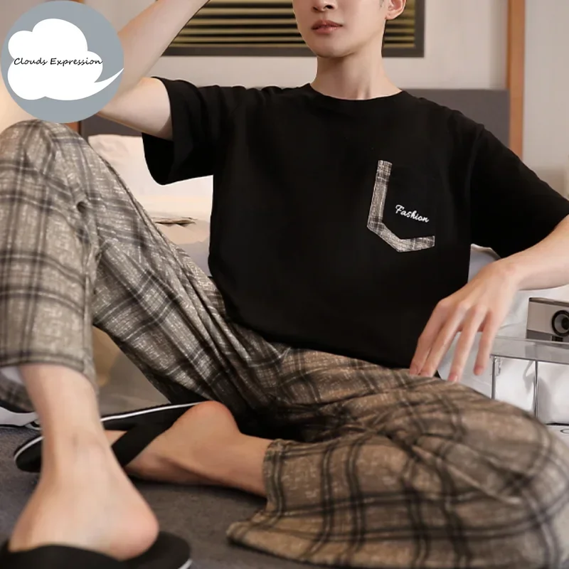 Summer Knitted Mens Pyjamas Pajamas Casual Pjs Lounge Sets Masculine Plaid Sleepwear Nightwear Pijamas Homewear 5XL pajama sets