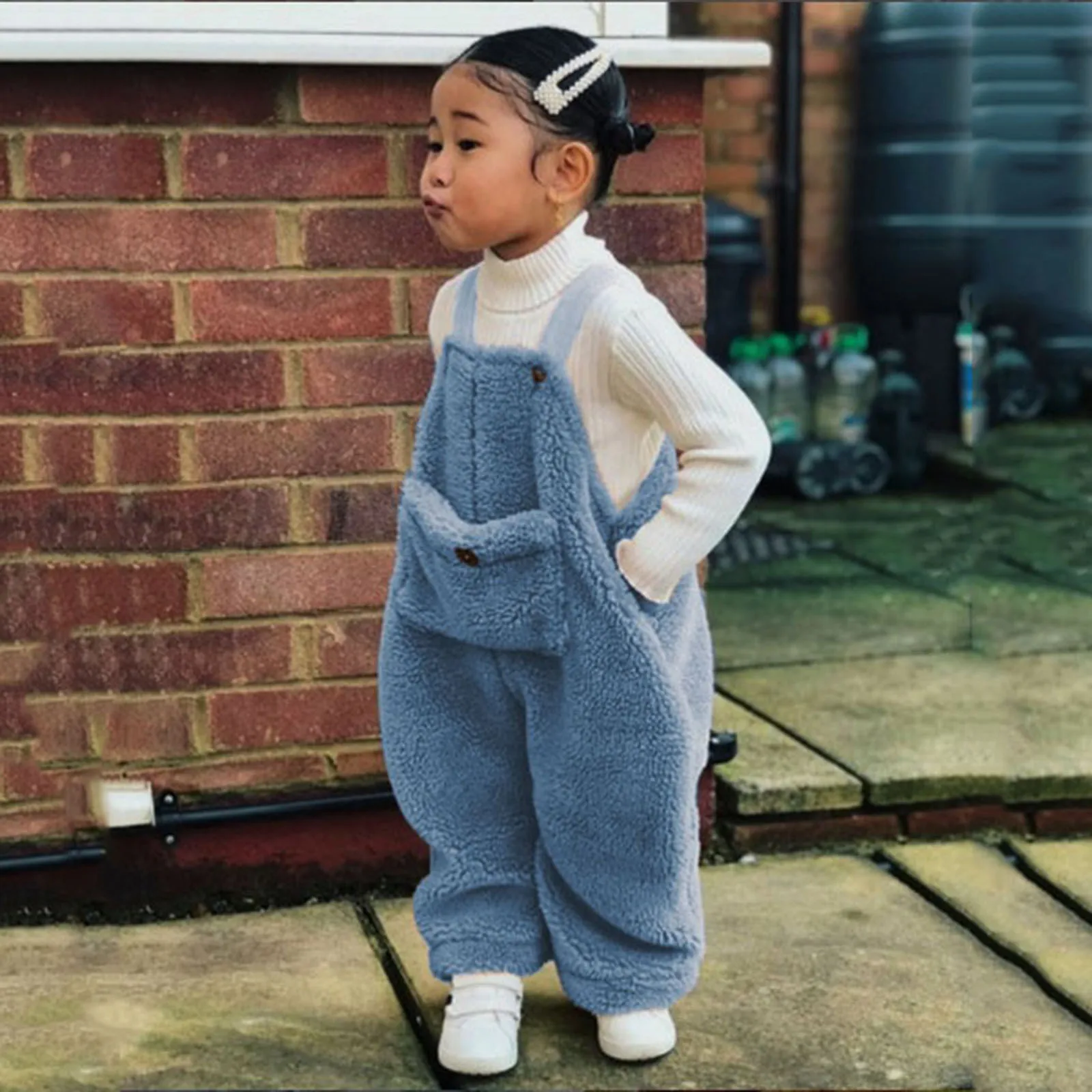 Autumn Winter Kids Girls Warm Plush Overalls Toddler Baby Solid Strapless Button Loose Pocket Fleece Suspender Trousers