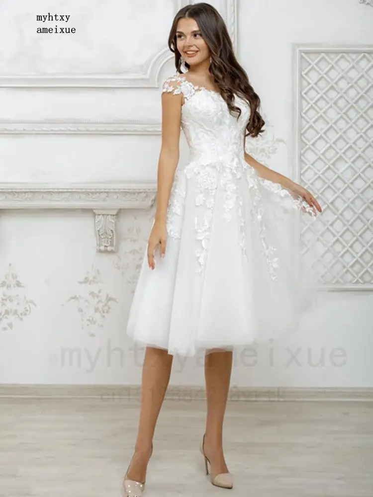 Sexy Short Wedding Dresses 2022 White For Women Cap Sleeve Lace Appliques Boho Bridal Dress Princess Plus Size Vestido De Novia dresses for wedding Wedding Dresses