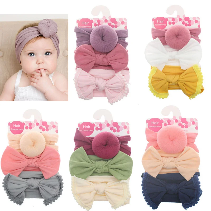 

3Pcs/Set Solid Color Soft Nylon Elastic Baby Headband Bows Knotted Newborn Baby Girl Headbands Hair Accessories Girls Haarband