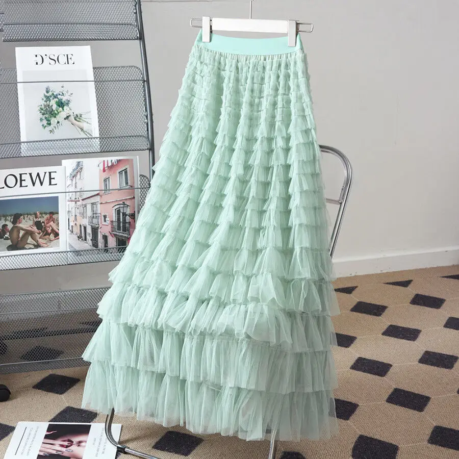 

Балетная юбка для женщин, элегантная многослойная трапециевидная длинная юбка с оборками по краям, женская повседневная юбка с эластичной талией и кружевом, модель P858