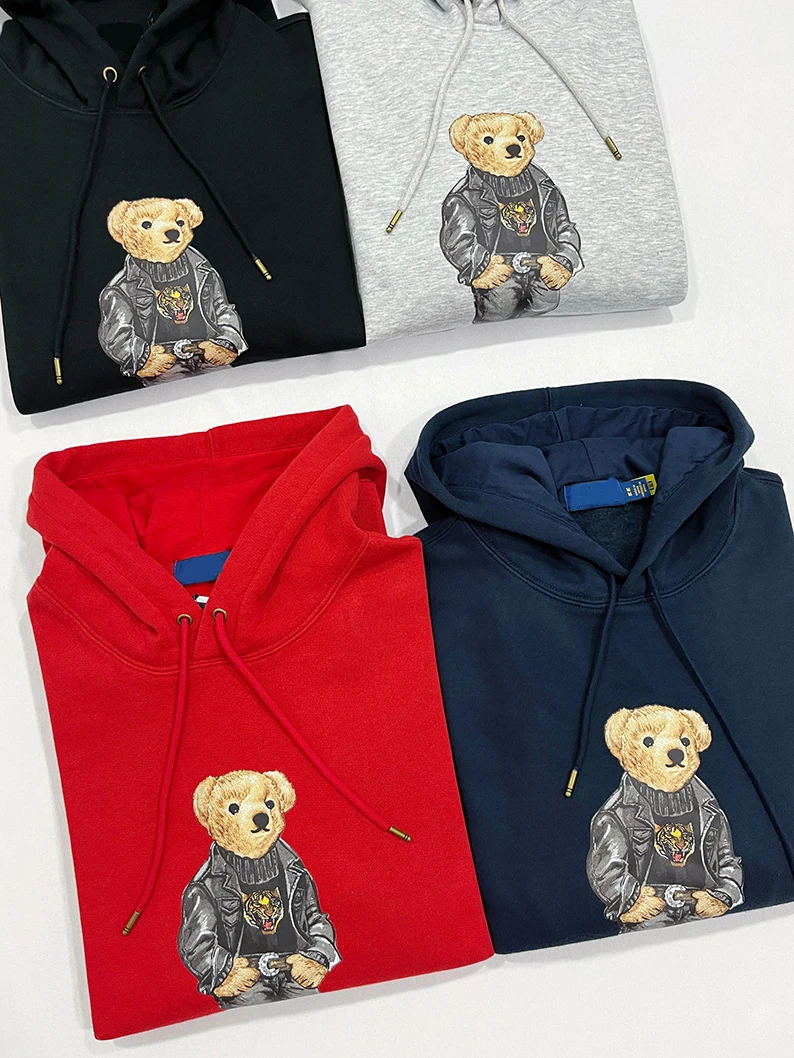 

RL Teddy Bear Print 23 Autumn/winter Men's Plush Pullover Hoodie Fashion Casual Warm Plush Pullover Sweatshirts