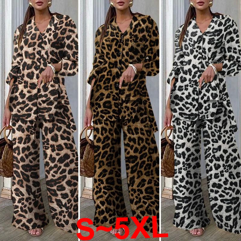 Fashion Girls' Set Women's Leopard Print Long Sleeve Shirt Top and Long Pants Wide Leg Pants Casual Loose Set Plus Size