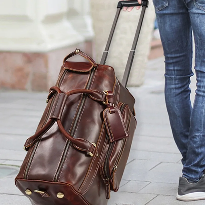 Винтажный вместительный чемодан из воловьей кожи с верхним слоем и колесиками для деловых поездок, кожаный чемодан на колесиках