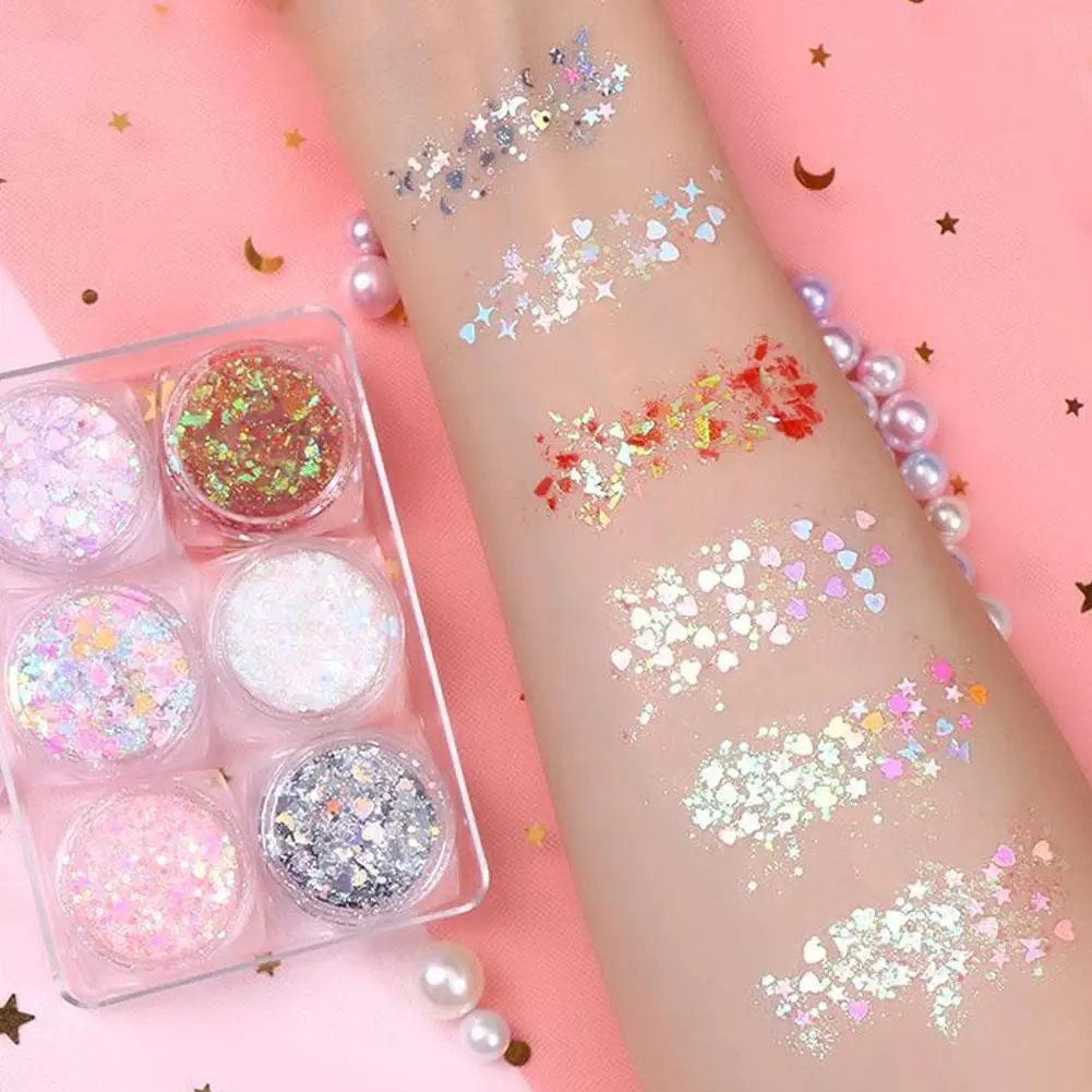 6pcs/set Body/Face/Eye Makeup Glitter Gel Star/Moon/Hexagon/Heart Nail Sequins Gel Loose Sequins Festival Makeup Decorations 5