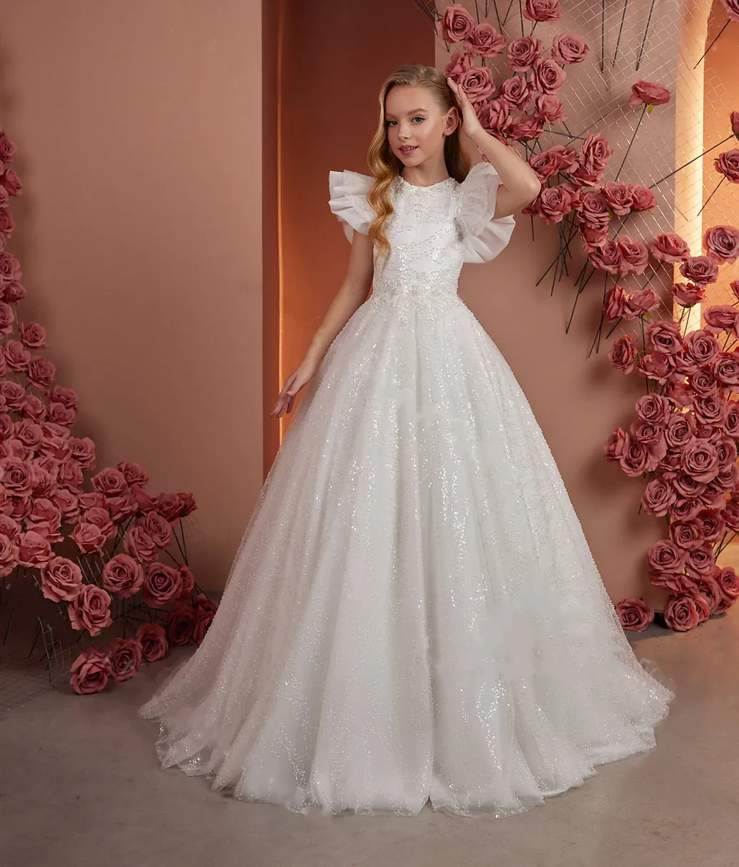 

Glitter Tulle Flower Girl Dresses for Wedding A Line Puffy Children Birthday Gowns Ruffles Kids Girls First Communion Dresses