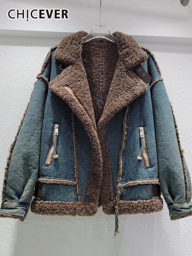 

CHICEVER Casual Loose Lamb Wool Denim Coats For Women Lapel Long Sleeve Spliced Zippers Streetwear Vintage Hit Color Coat Female