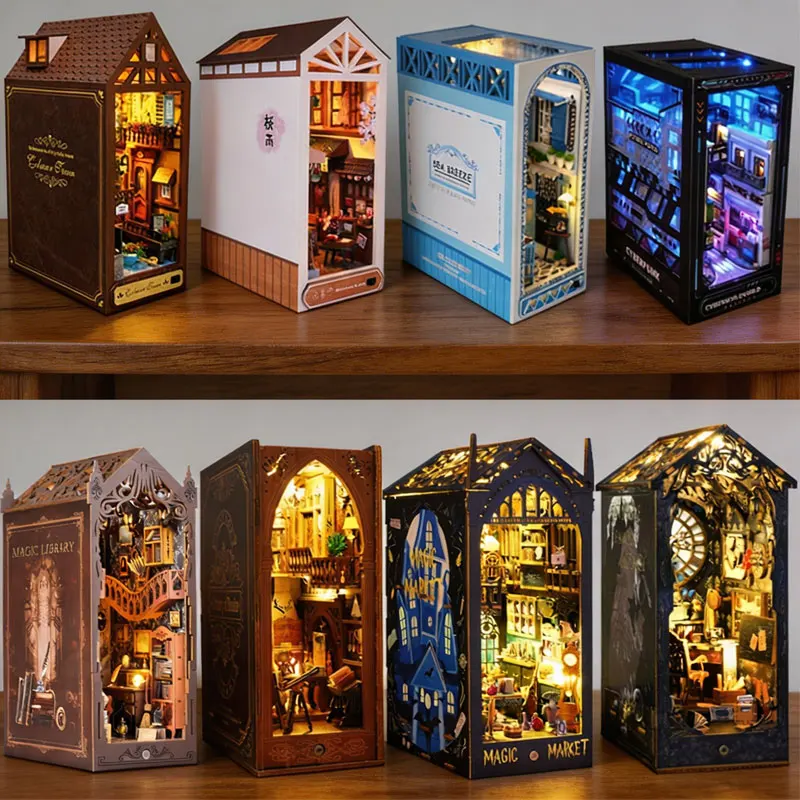 Wooden Miniature Dollhouse Bookshelf Room 3D Puzzle Set - Creative Bookend Toys