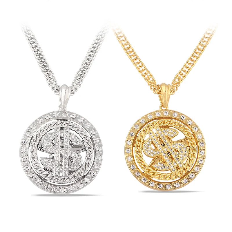 Auriselle Collier Hip Hop Dollar Avec Pendentif Rhinestones - Chaîne 70cm Réglable Or/Argent, Style Punk Streetwear