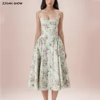 2025 Romantic Green Floral Bra with Wire Corset Style Sling Dress Women Low Waist Ruched Pleated Swing Midi Long Dresses Robe