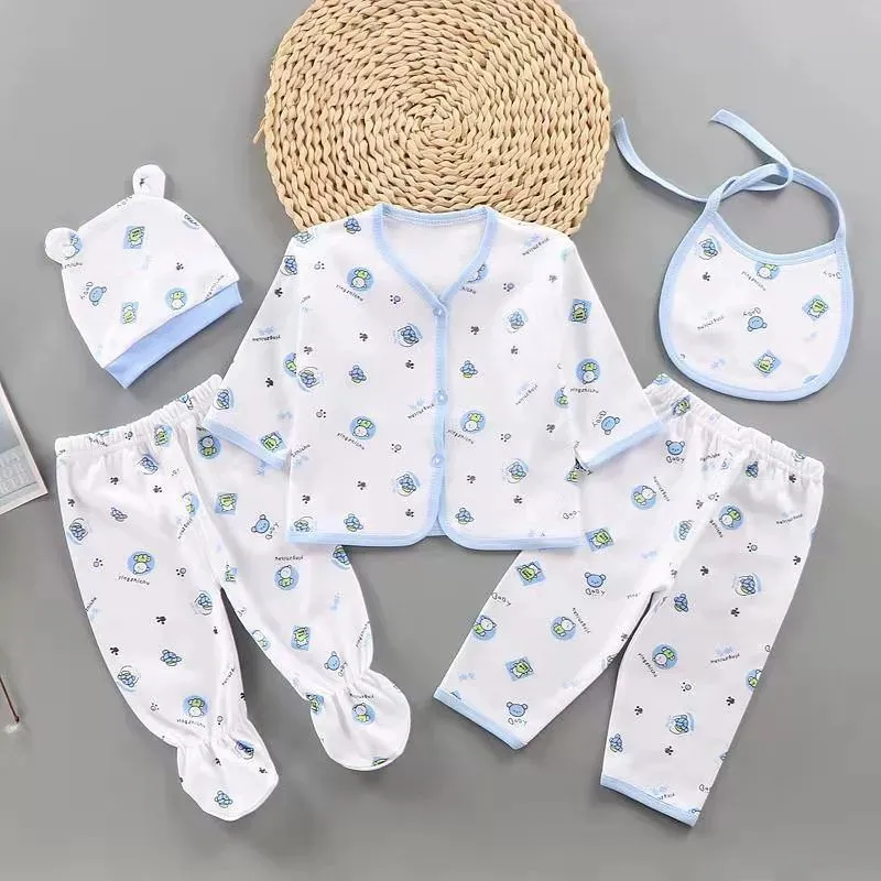 

5pcs/set Newborn Sets Baby Clothes Cotton Toddler Girls Clothes Infant Boys Clothings Unisex Baby Bib Tops Pants Beanie Hats