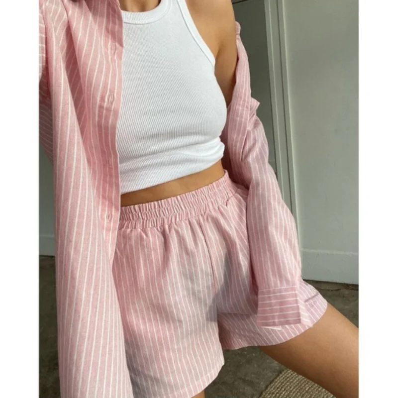 Women's Striped Long Sleeved Shirt Set, Casual Sportswear, Loose Fitting Top, High Waisted Shorts, 2-Piece