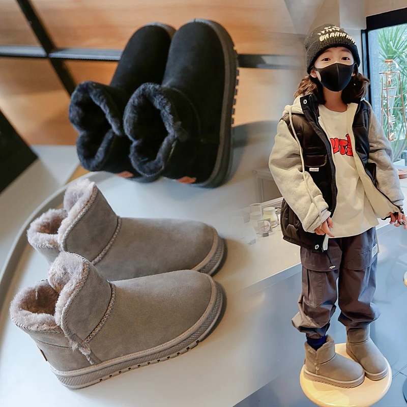 3-18 Years Old Children's Snow Boots Gray Padded Thickened Fur One Boys Girls Cotton Shoes Black Hundred Kids Short Boots Shoes 1