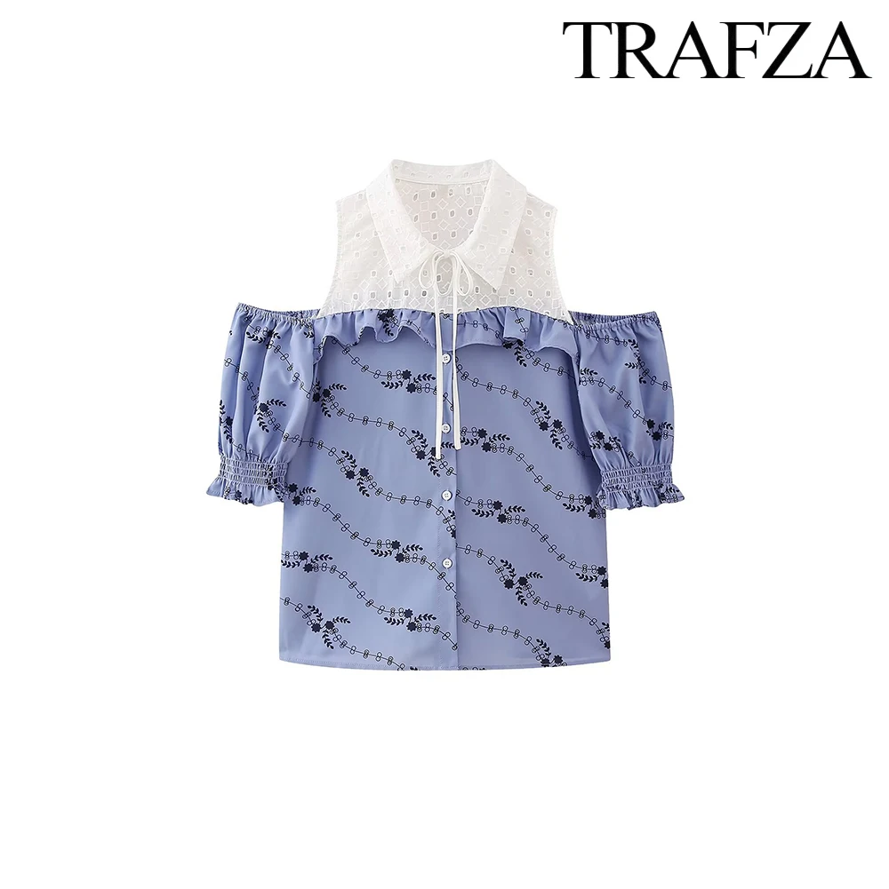 Description Picture 5 of itemTRAF Women's Summer Tie Street Style Fashion Lapel Shirt Sexy Strapless Embroidered Top Lantern Sleeve Single Breasted Top